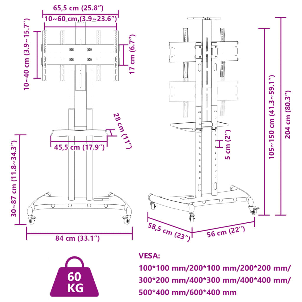 vidaXL Stojak na kółkach na TV 32-70'', VESA maks. 600x400 mm, 60 kg