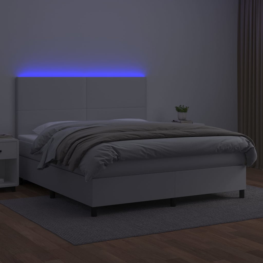 vidaXL Łóżko kontynentalne z materacem i LED, biała ekoskóra 160x200cm