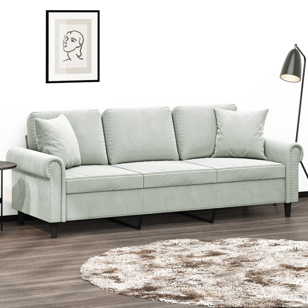 vidaXL 3-osobowa sofa z poduszkami, jasnoszara, 180 cm, aksamit