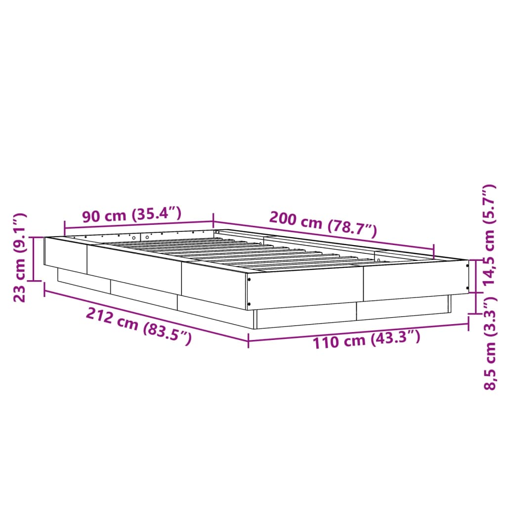 vidaXL Rama łóżka z LED, brązowy dąb, 90x200 cm