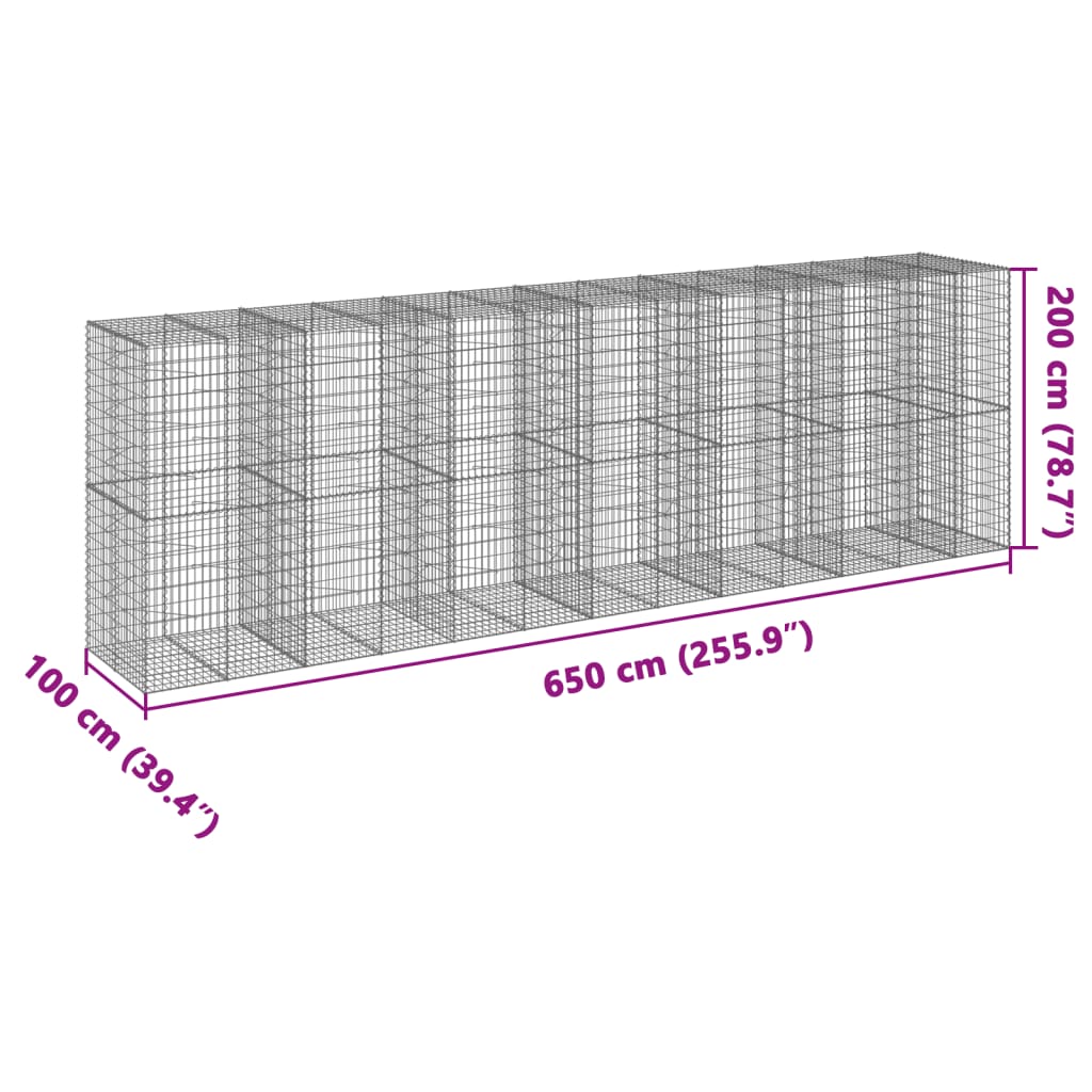 vidaXL Kosz gabionowy z pokrywą, 650x100x200 cm, galwanizowane żelazo