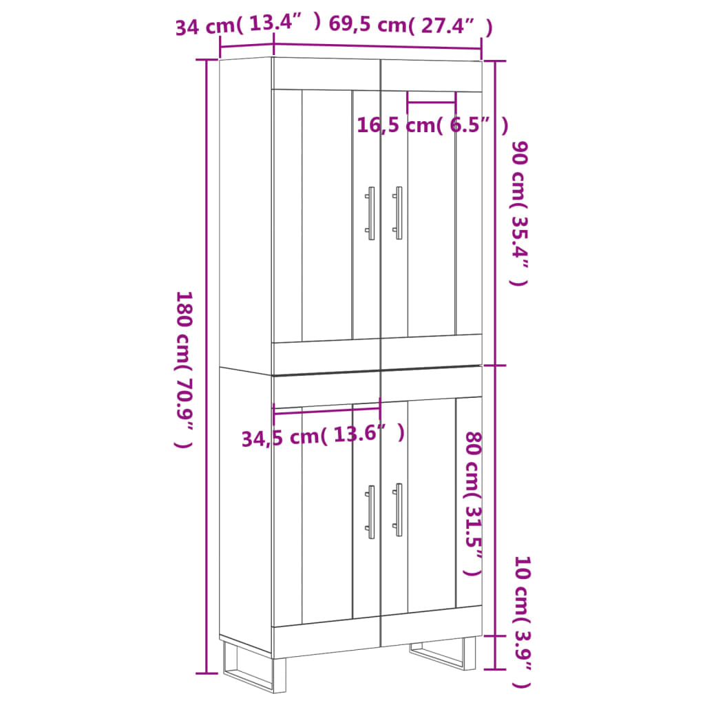 vidaXL Witrynka, czarna, 69,5x34x180 cm, materiał drewnopochodny