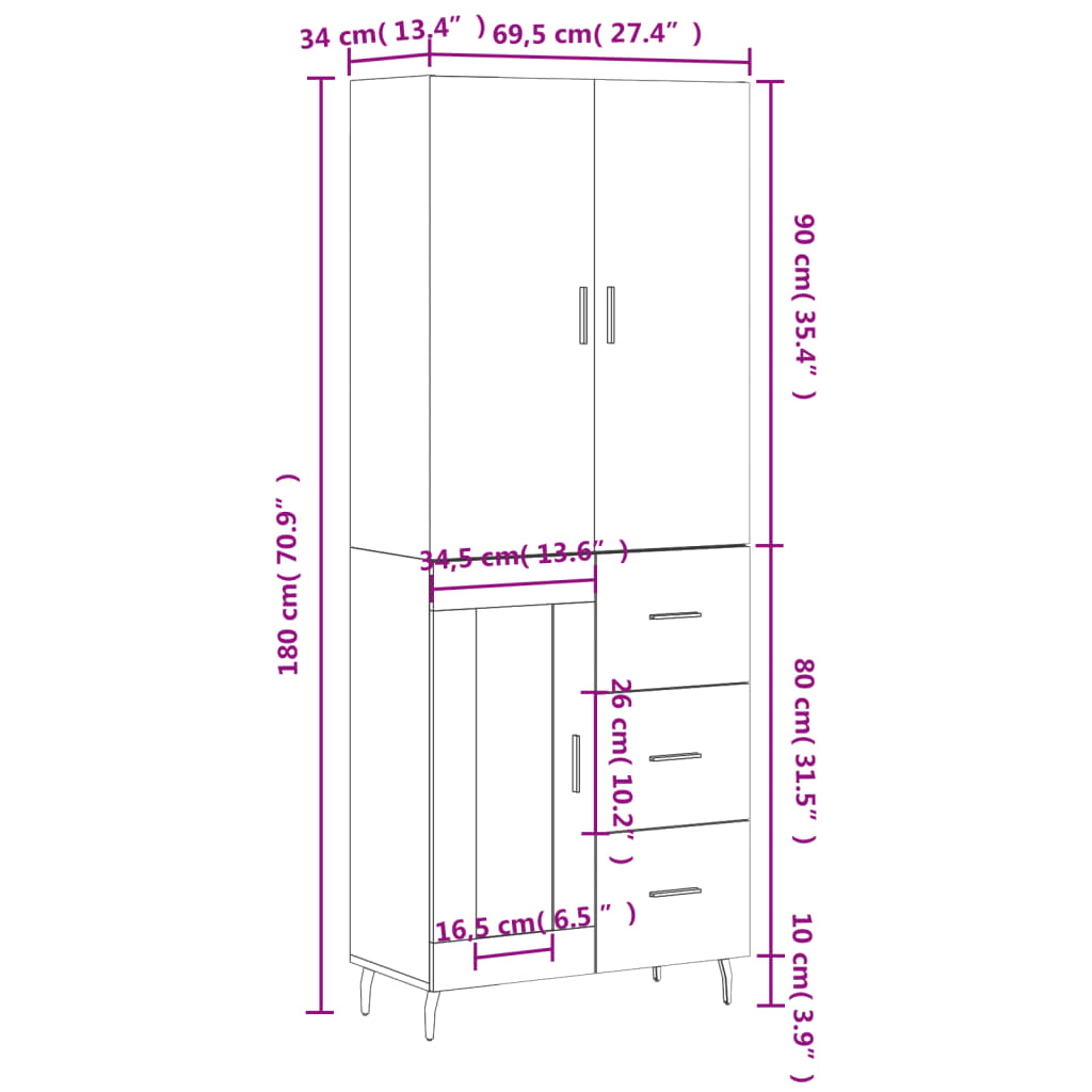 vidaXL Witrynka przydymiony dąb 69,5x34x180 cm materiał drewnopochodny