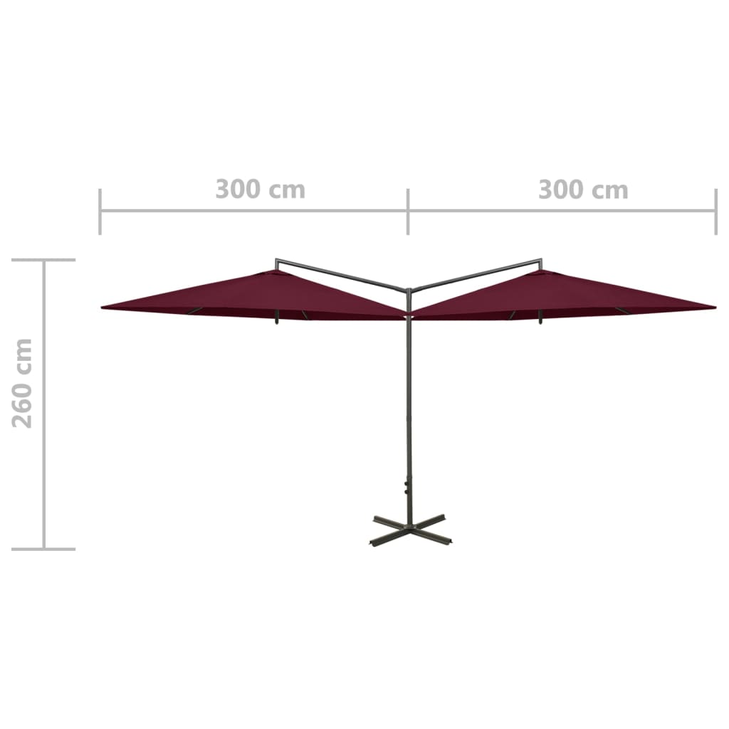 vidaXL Podwójny parasol ogrodowy, stalowy słupek, bordowy, 600 cm