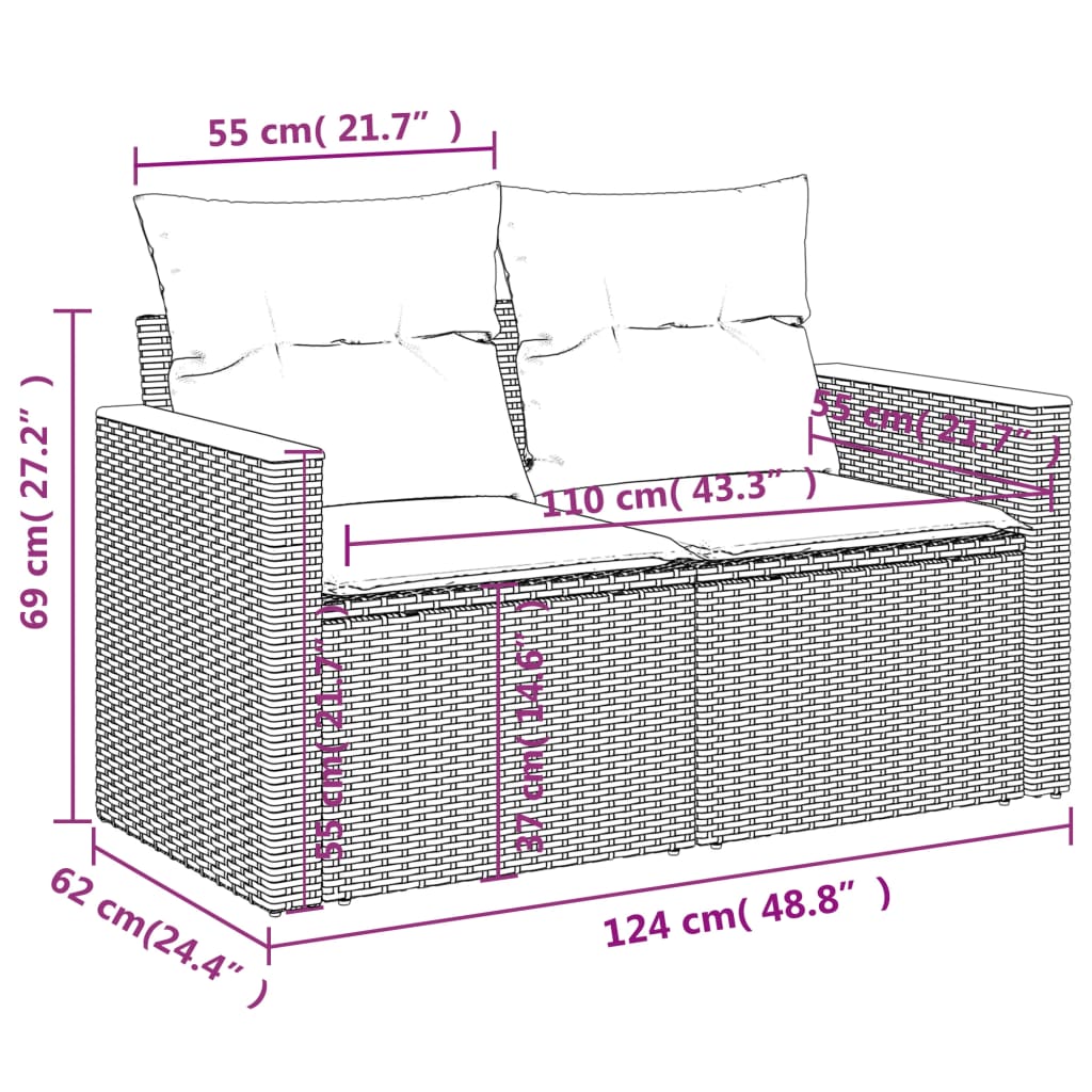 vidaXL Sofa ogrodowa z poduszkami, 2-osobowa, szara, polirattan