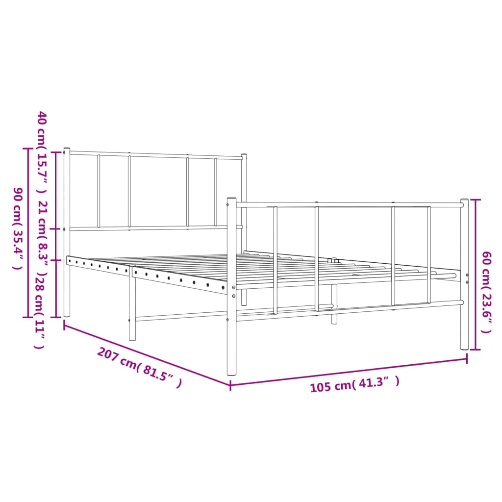 vidaXL Metalowa rama łóżka z wezgłowiem i zanóżkiem, czarna, 100x200cm