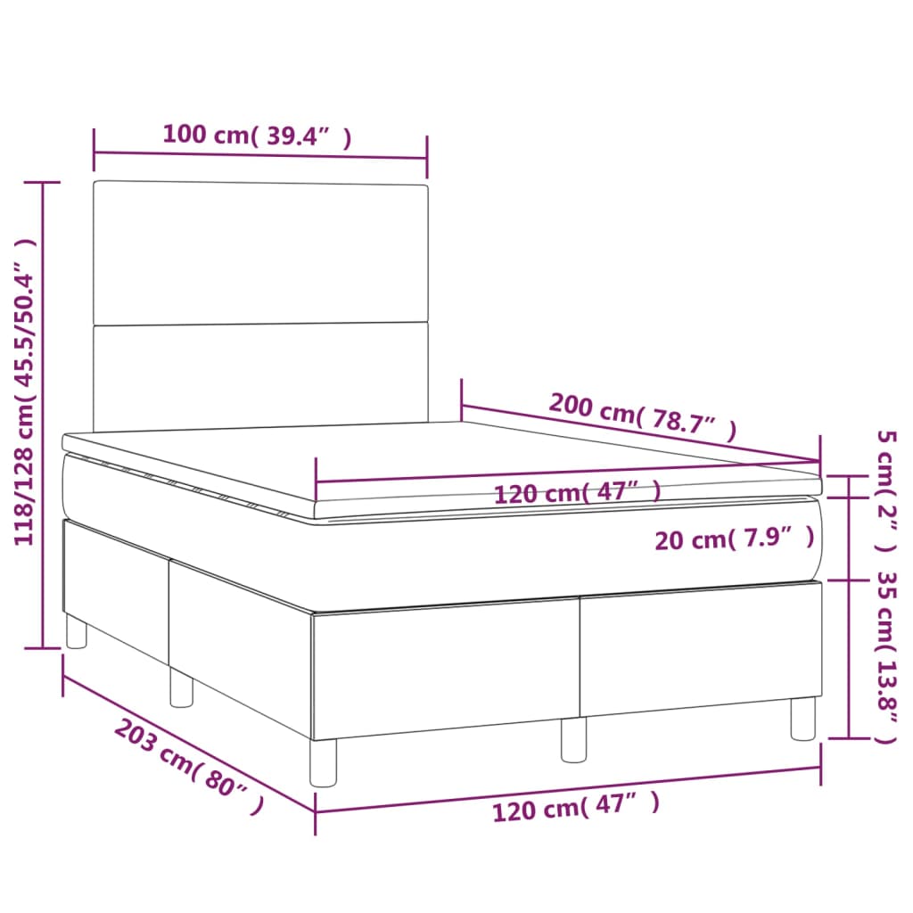 vidaXL Łóżko kontynentalne z materacem i LED, różowy aksamit 120x200cm