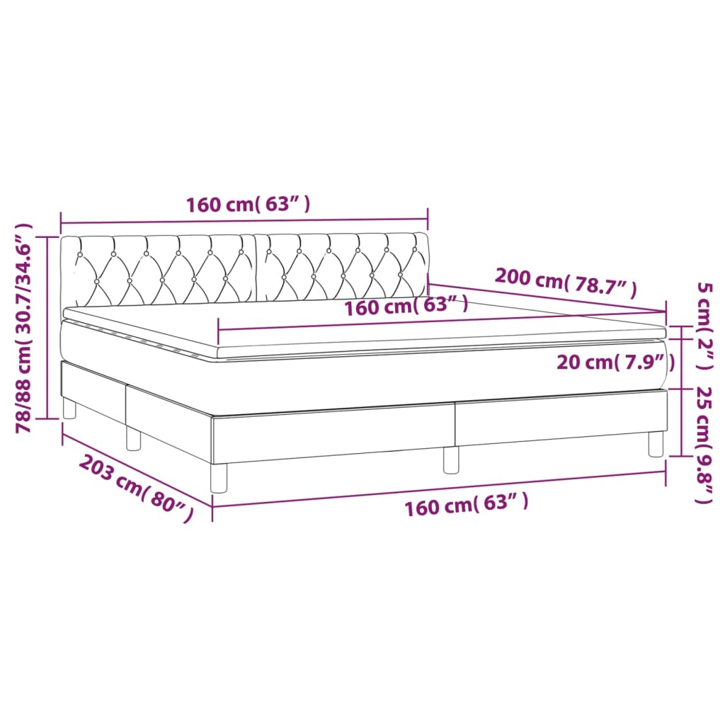 vidaXL Łóżko kontynentalne z materacem i LED, różowy aksamit 160x200cm