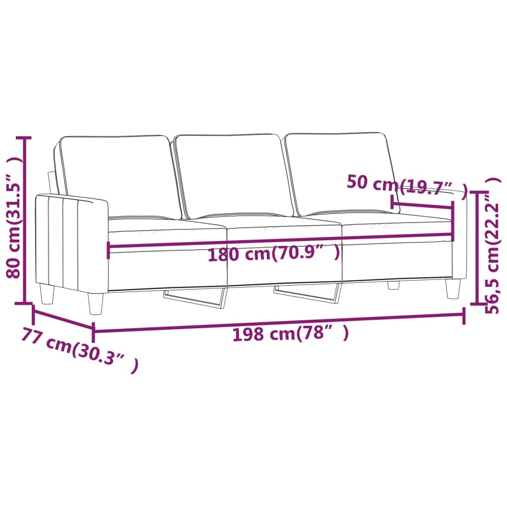 vidaXL Sofa 3-osobowa, jasnoszara, 180 cm, tapicerowana aksamitem