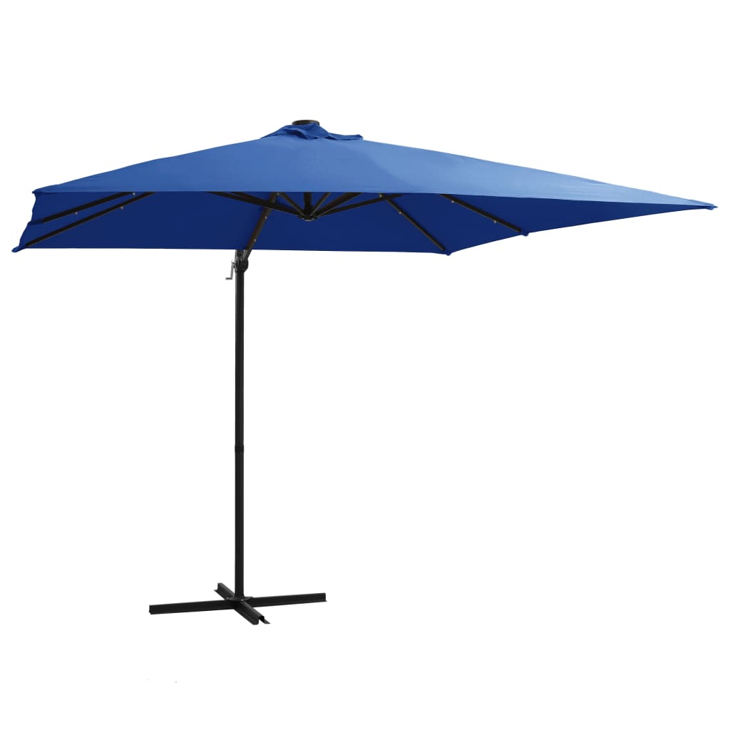 vidaXL Parasol wiszący z LED i stalowym słupkiem 250x250 cm, niebieski