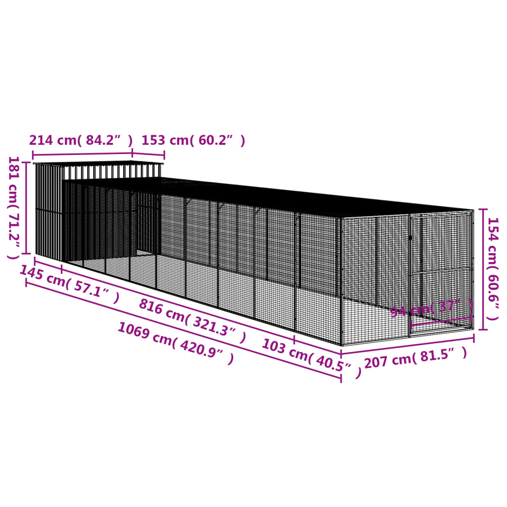 vidaXL Buda dla psa, z wybiegiem, jasnoszara, 214x1069x181 cm, stal