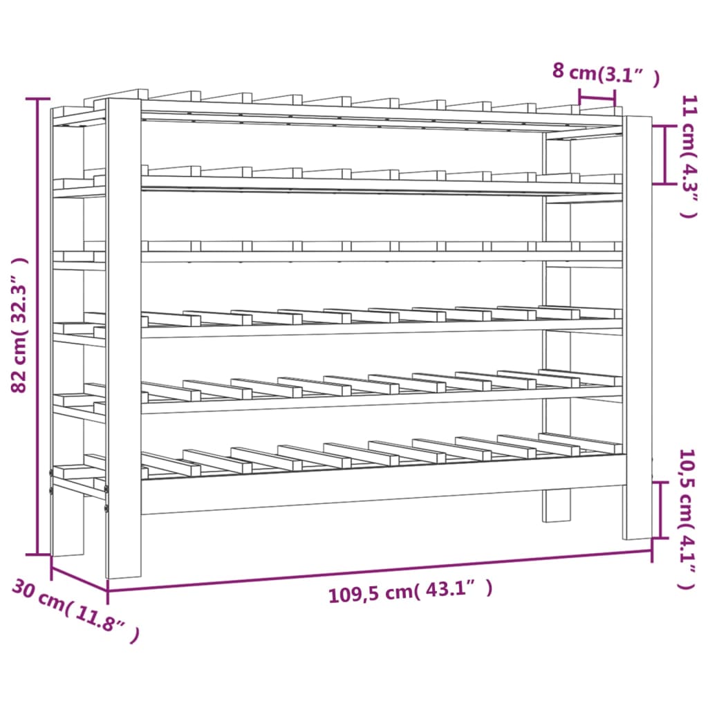 vidaXL Stojak na wino, 109,5x30x82 cm, lite drewno sosnowe