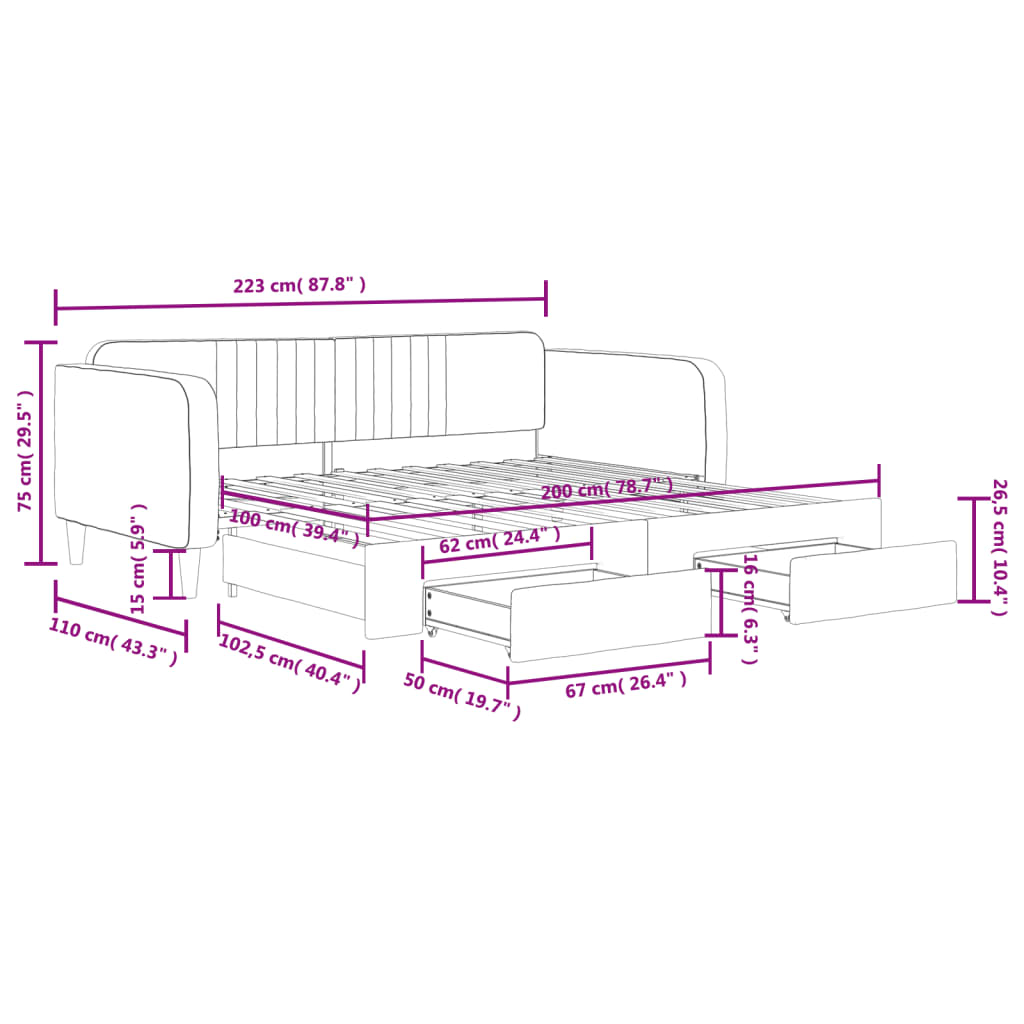 vidaXL Sofa rozsuwana z szufladami, jasnoszara, 100x200 cm, aksamit