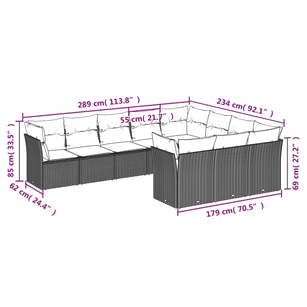 vidaXL 10-cz. zestaw mebli ogrodowych z poduszkami, brązowy polirattan