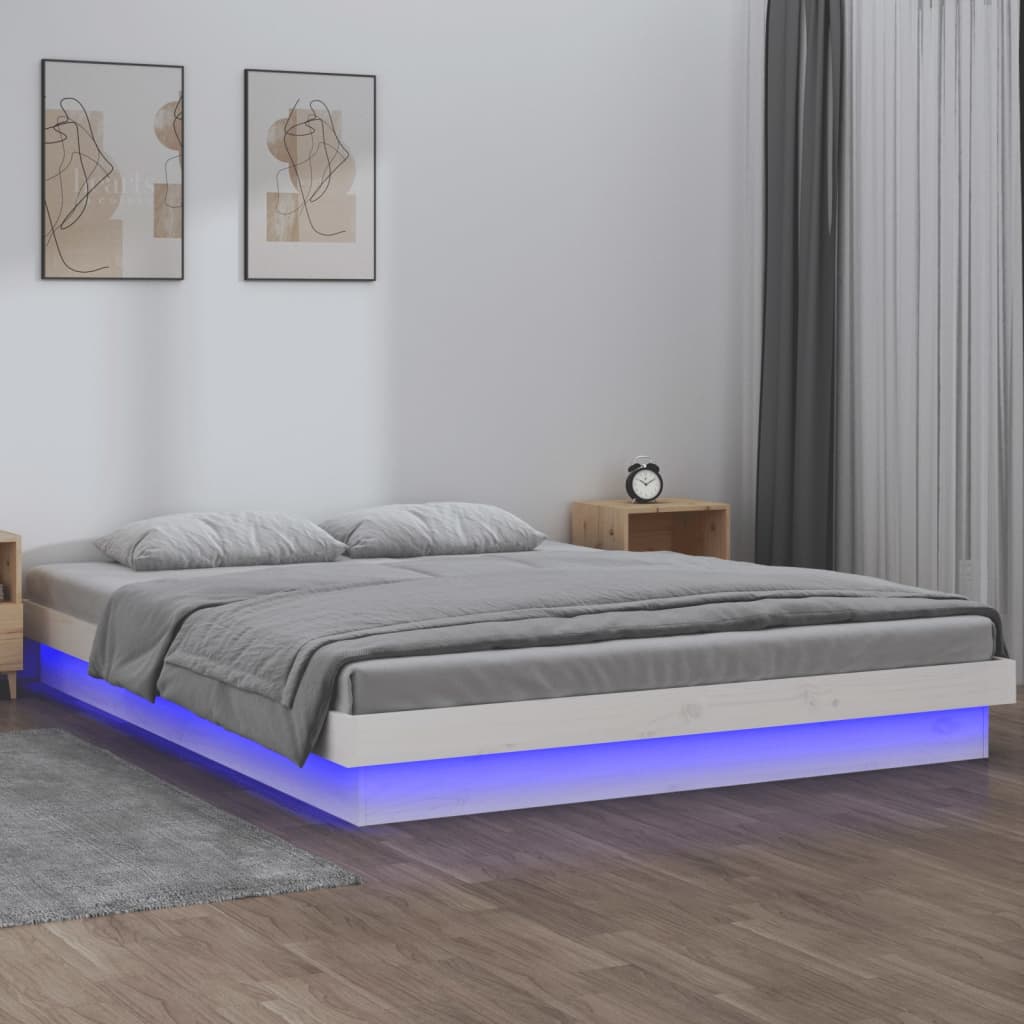 vidaXL Rama łóżka z LED, biała, 140x200 cm, lite drewno
