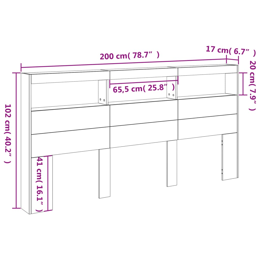 vidaXL Zagłówek z półkami i LED, szarość betonu, 200x17x102 cm